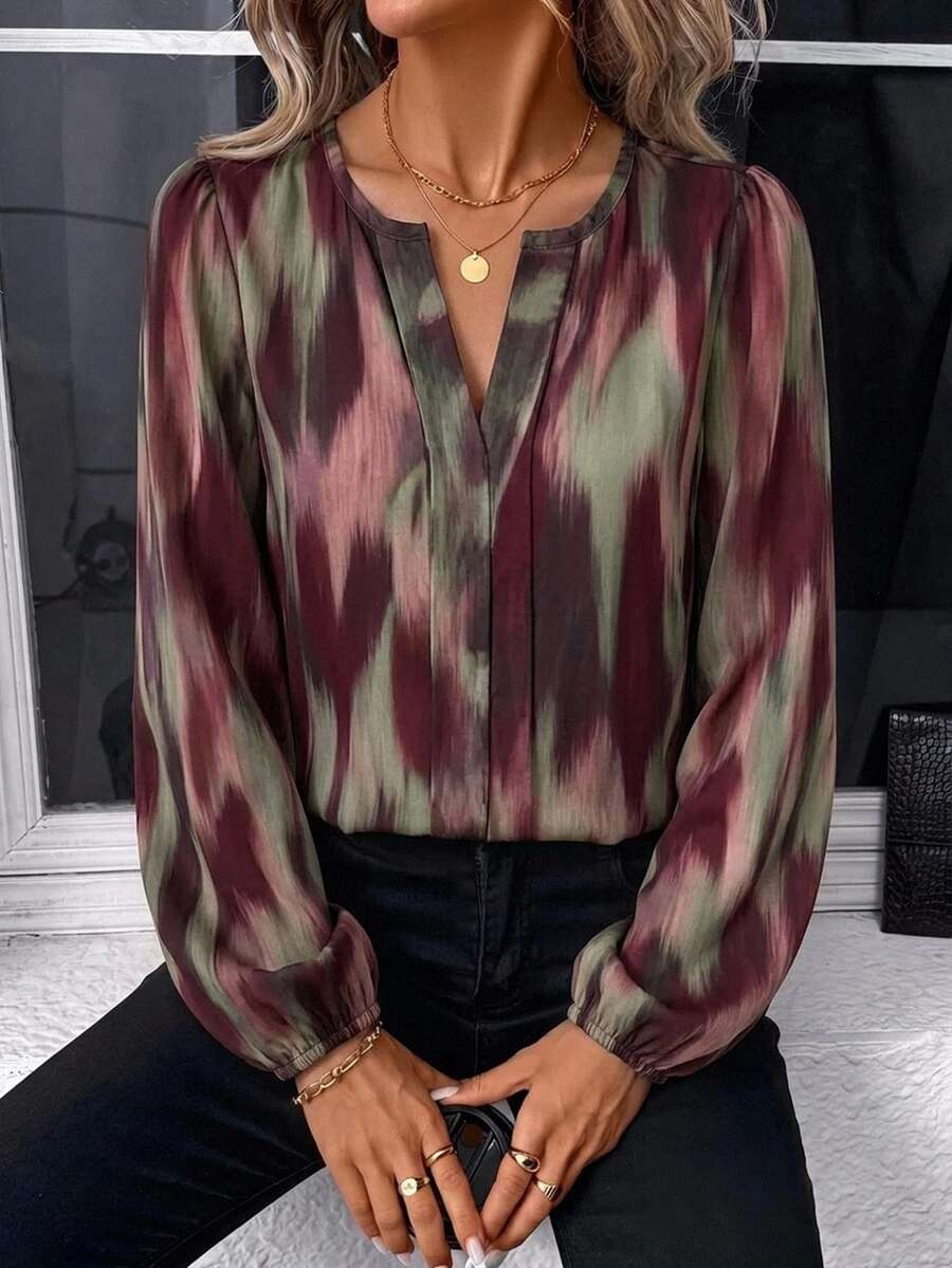Nell Long Sleeve Blouse with Split V Neck and Lantern Sleeves - Burgundy Print