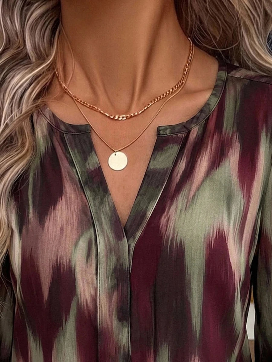 Nell Long Sleeve Blouse with Split V Neck and Lantern Sleeves - Burgundy Print
