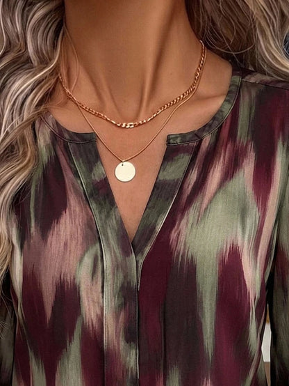Nell Long Sleeve Blouse with Split V Neck and Lantern Sleeves - Burgundy Print