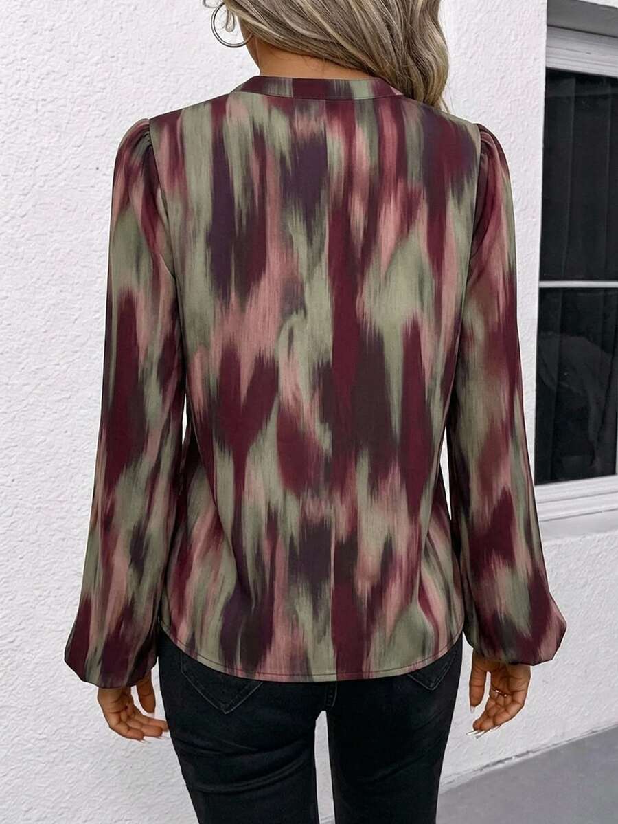 Nell Long Sleeve Blouse with Split V Neck and Lantern Sleeves - Burgundy Print