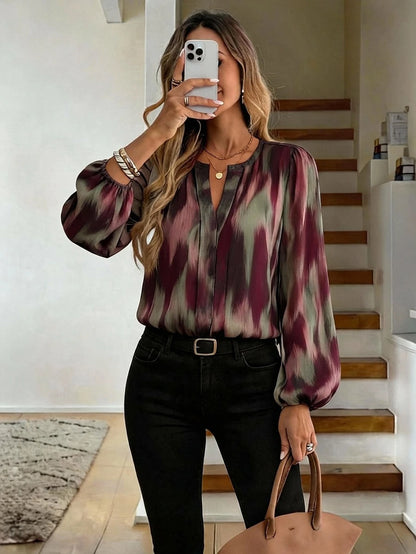 Nell Long Sleeve Blouse with Split V Neck and Lantern Sleeves - Burgundy Print
