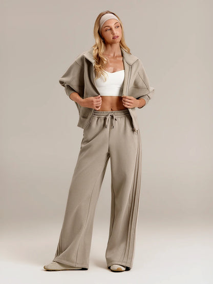 Hortense Oversized Zip Up Fleece Jacket with High Neck - Taupe
