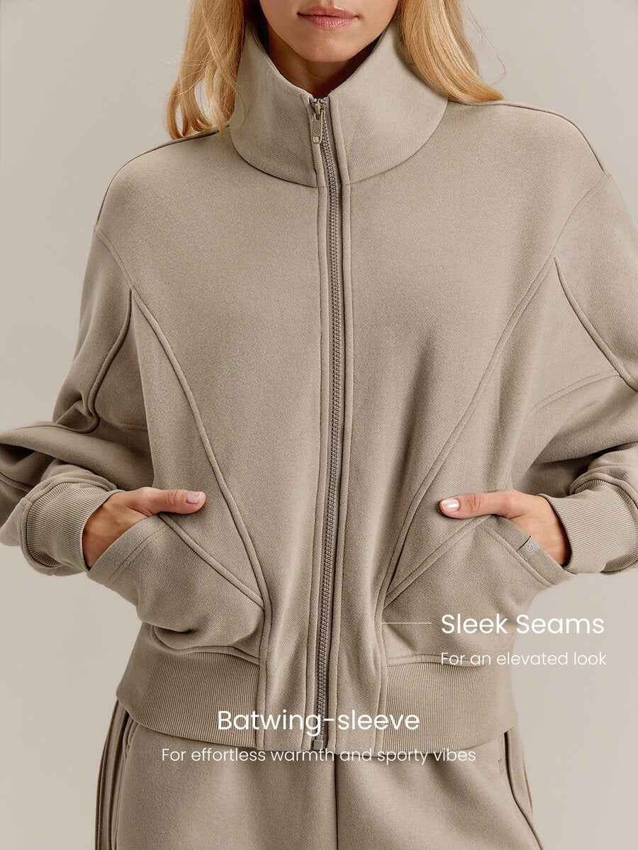Hortense Oversized Zip Up Fleece Jacket with High Neck - Taupe