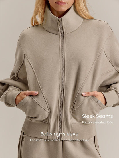 Hortense Oversized Zip Up Fleece Jacket with High Neck - Taupe