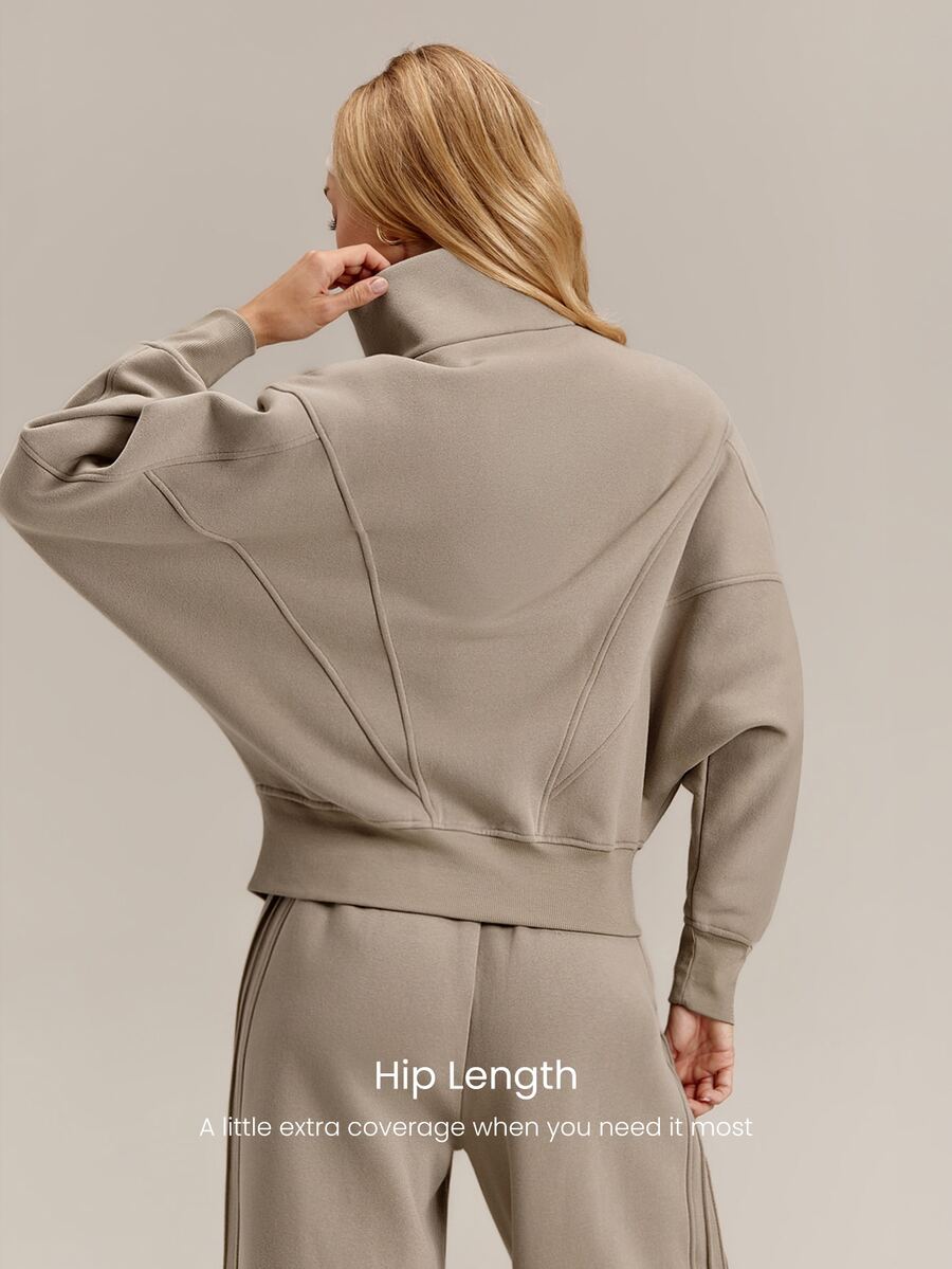 Hortense Oversized Zip Up Fleece Jacket with High Neck - Taupe