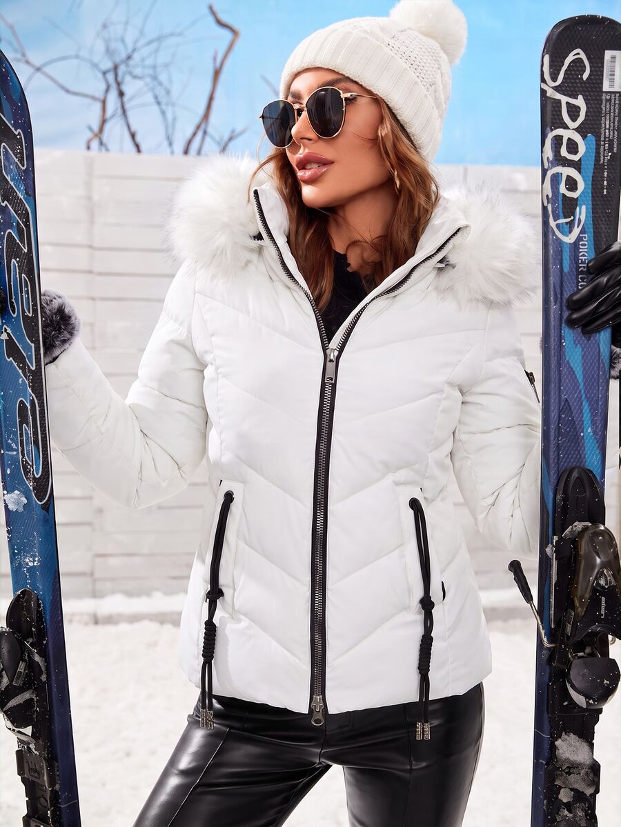 Blythe Faux Fur Trim Hooded Puffer Coat with Zip Front - White