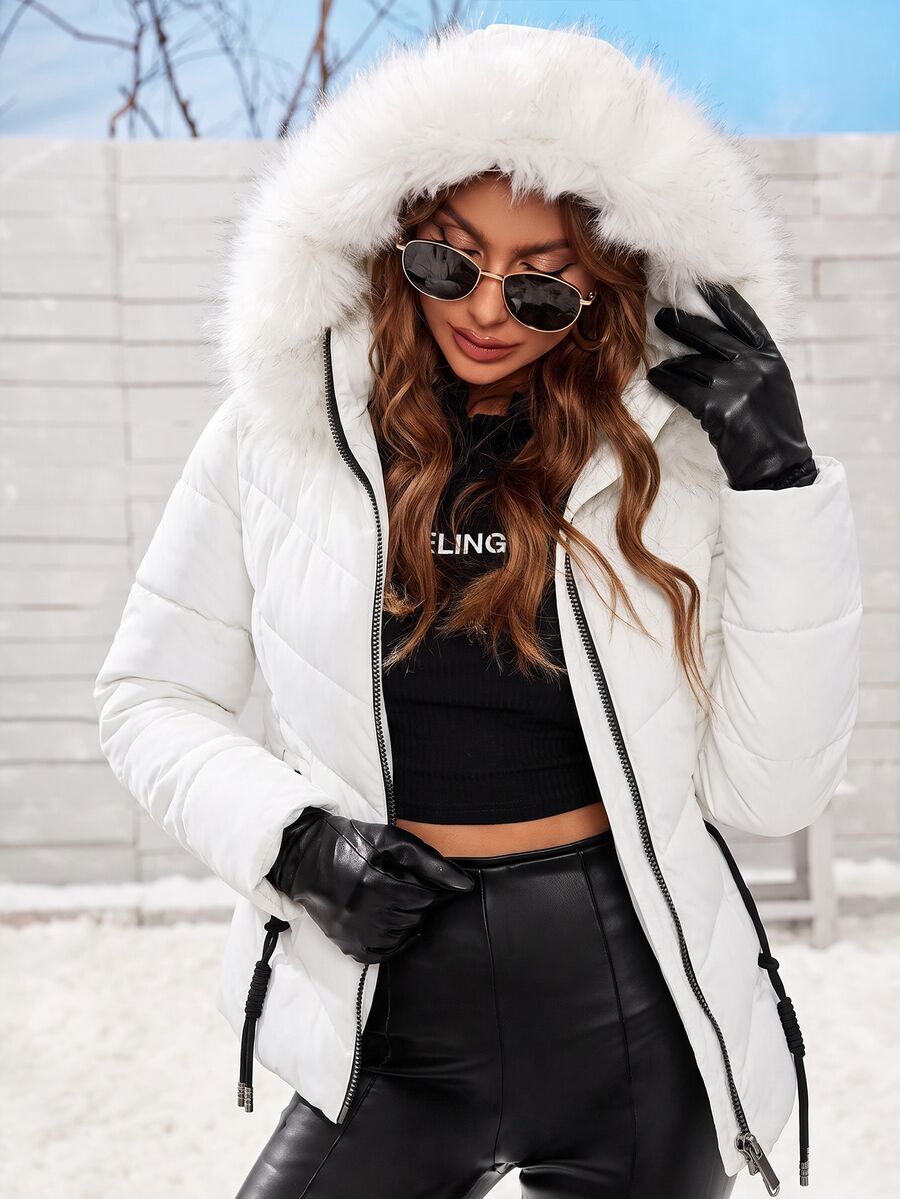 Blythe Faux Fur Trim Hooded Puffer Coat with Zip Front - White