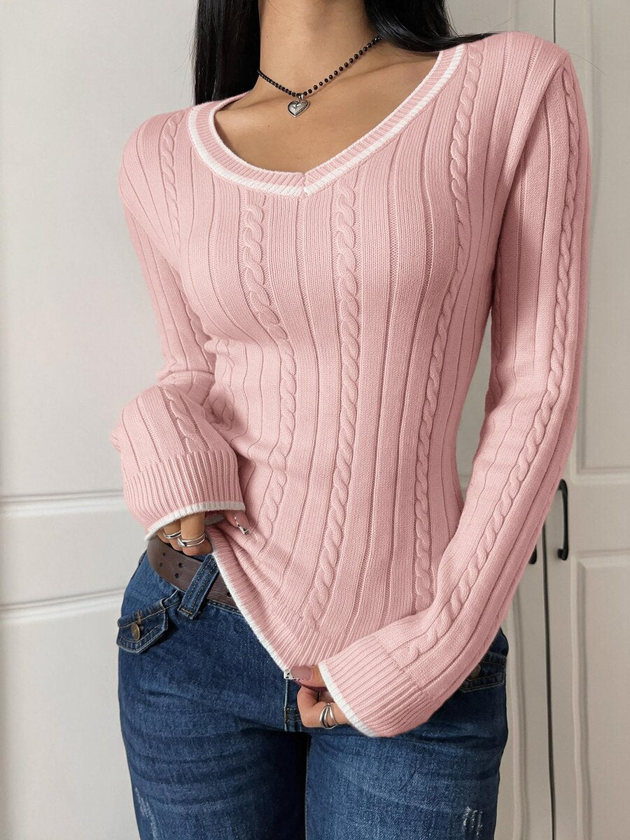 Saskia Slim V Neck Twist Cable Knit Sweater with Contrast Trim - Pink