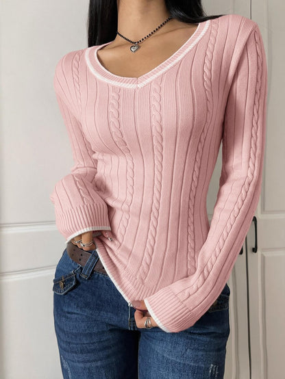 Saskia Slim V Neck Twist Cable Knit Sweater with Contrast Trim - Pink