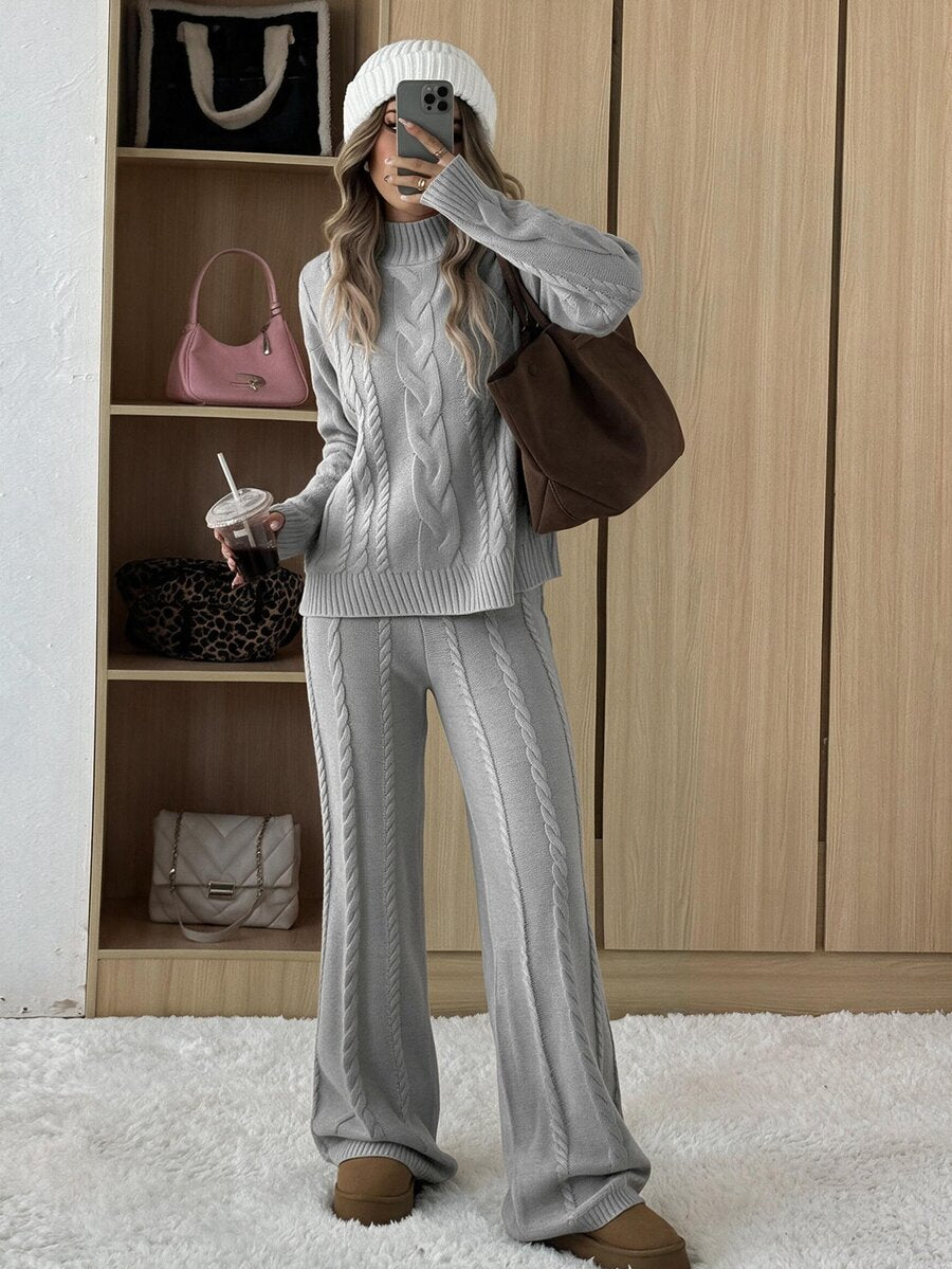Ginevra 2 Piece Sweater Set Cable Knit Pullover and Wide Leg Pants - Light Grey