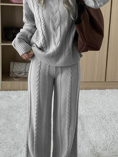 Ginevra 2 Piece Sweater Set Cable Knit Pullover and Wide Leg Pants - Light Grey