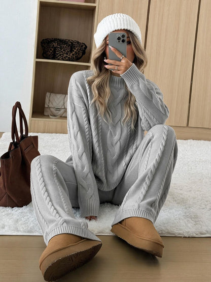 Ginevra 2 Piece Sweater Set Cable Knit Pullover and Wide Leg Pants - Light Grey