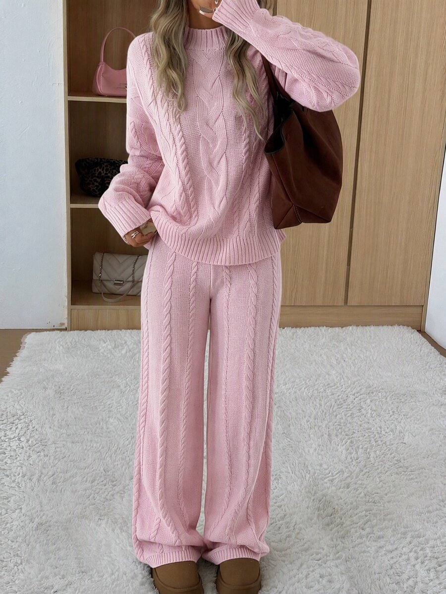 Ginevra 2 Piece Sweater Set Cable Knit Pullover and Wide Leg Pants - Blush Pink
