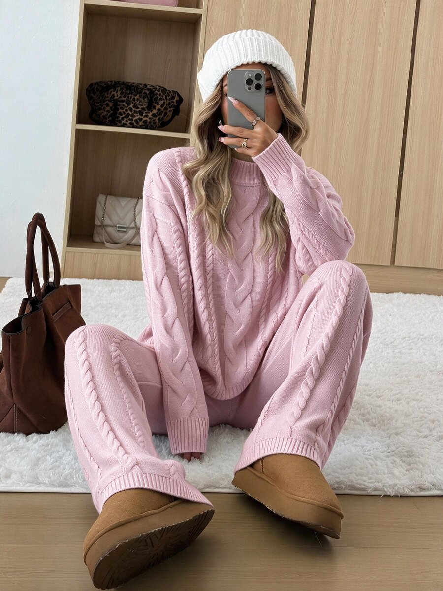 Ginevra 2 Piece Sweater Set Cable Knit Pullover and Wide Leg Pants - Blush Pink