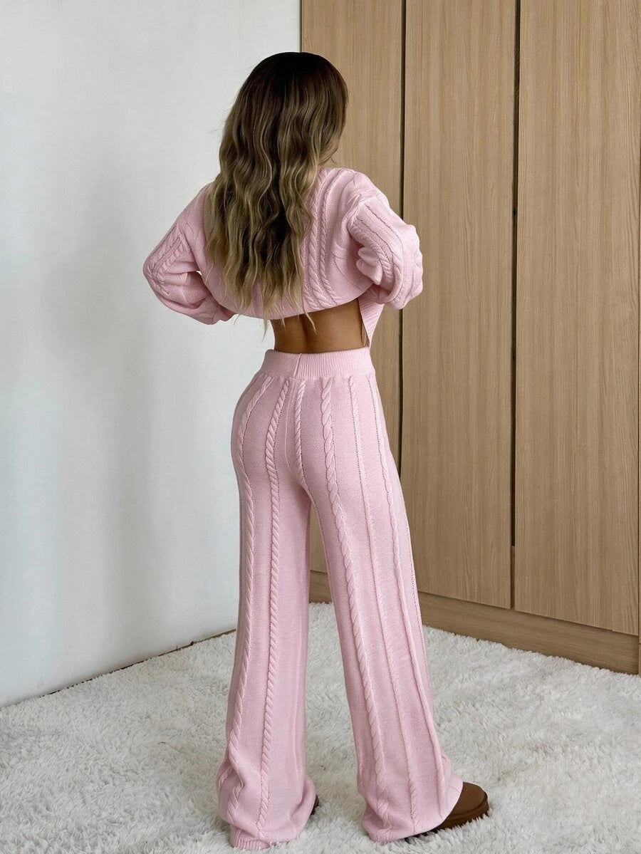 Ginevra 2 Piece Sweater Set Cable Knit Pullover and Wide Leg Pants - Blush Pink