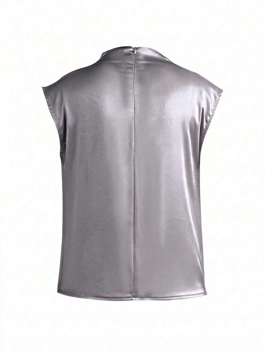 Women's Satin Cowl Neck Sleeveless Blouse, Silky Shell Top for Work and Evening - Black