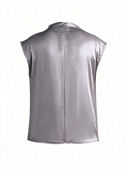 Women's Satin Cowl Neck Sleeveless Blouse, Silky Shell Top for Work and Evening - Black
