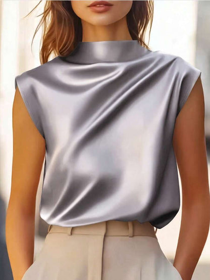 Women's Satin Cowl Neck Sleeveless Blouse, Silky Shell Top for Work and Evening - Black