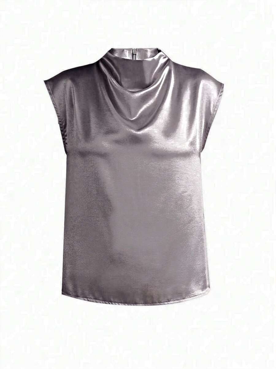 Women's Satin Cowl Neck Sleeveless Blouse, Silky Shell Top for Work and Evening - Black