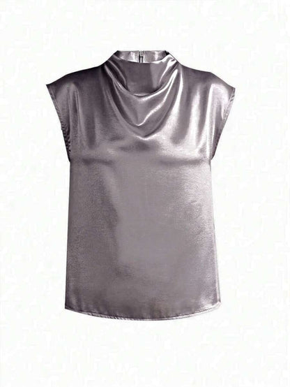 Women's Satin Cowl Neck Sleeveless Blouse, Silky Shell Top for Work and Evening - Black