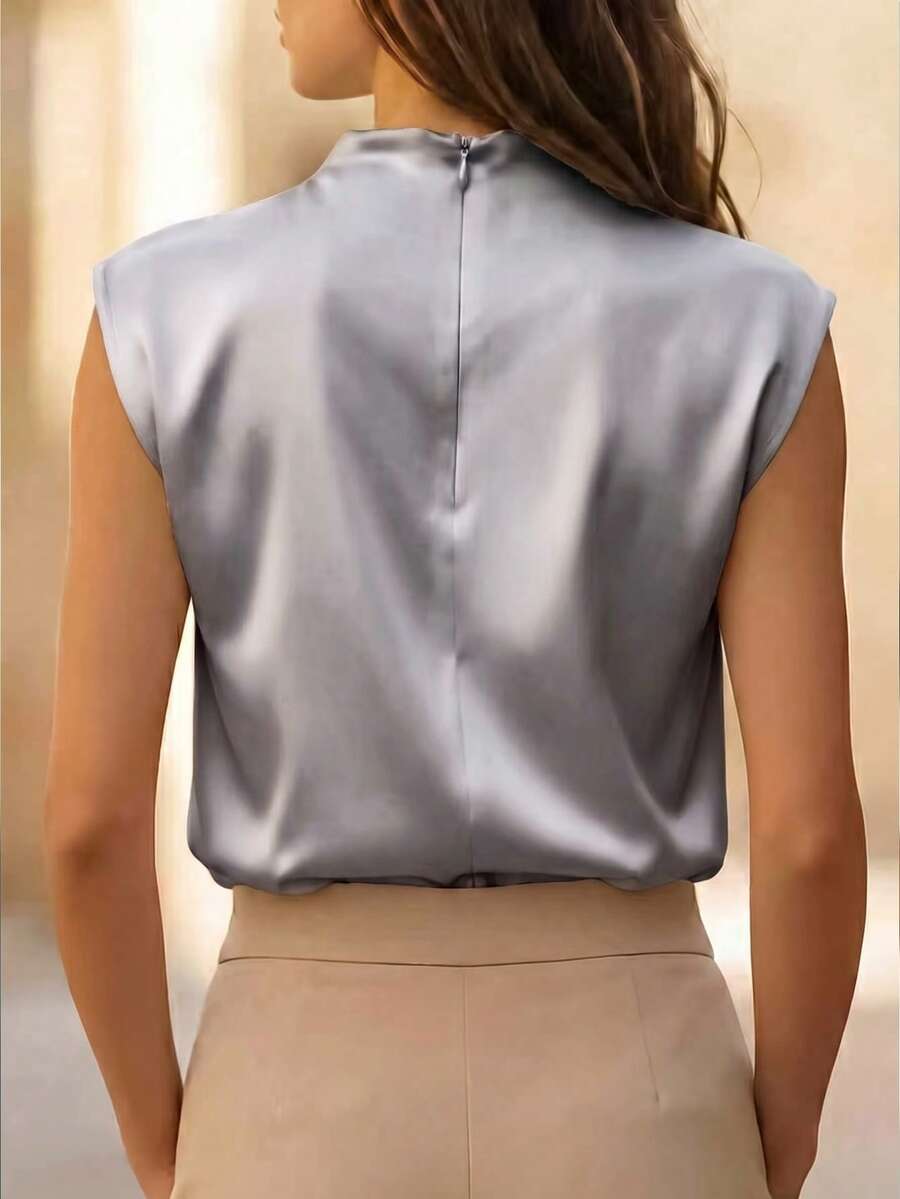 Women's Satin Cowl Neck Sleeveless Blouse, Silky Shell Top for Work and Evening - Black