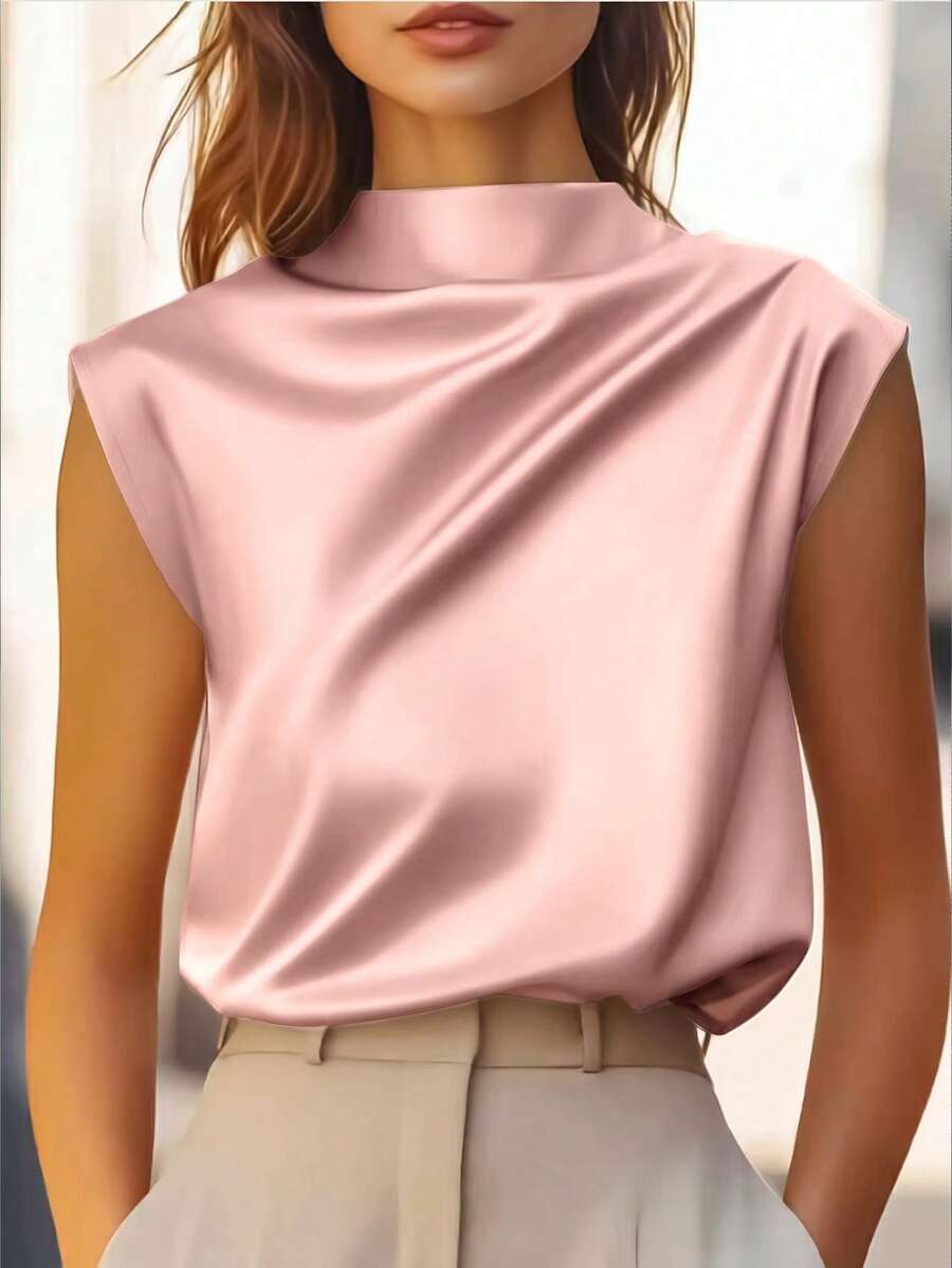 Women's Satin Cowl Neck Sleeveless Blouse, Silky Shell Top for Work and Evening - Black