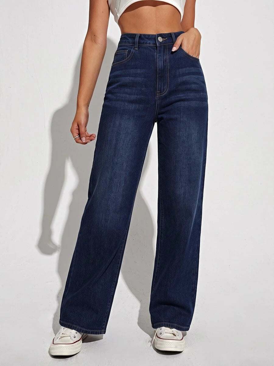 Utrecht High Waist Straight Leg Jeans with Slant Pockets - Dark Wash
