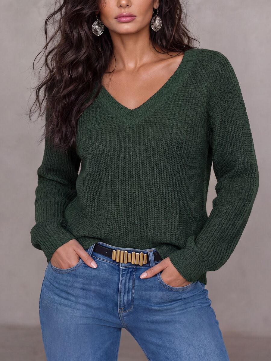 Aarhus V Neck Raglan Sleeve Ribbed Knit Sweater - Dark Green