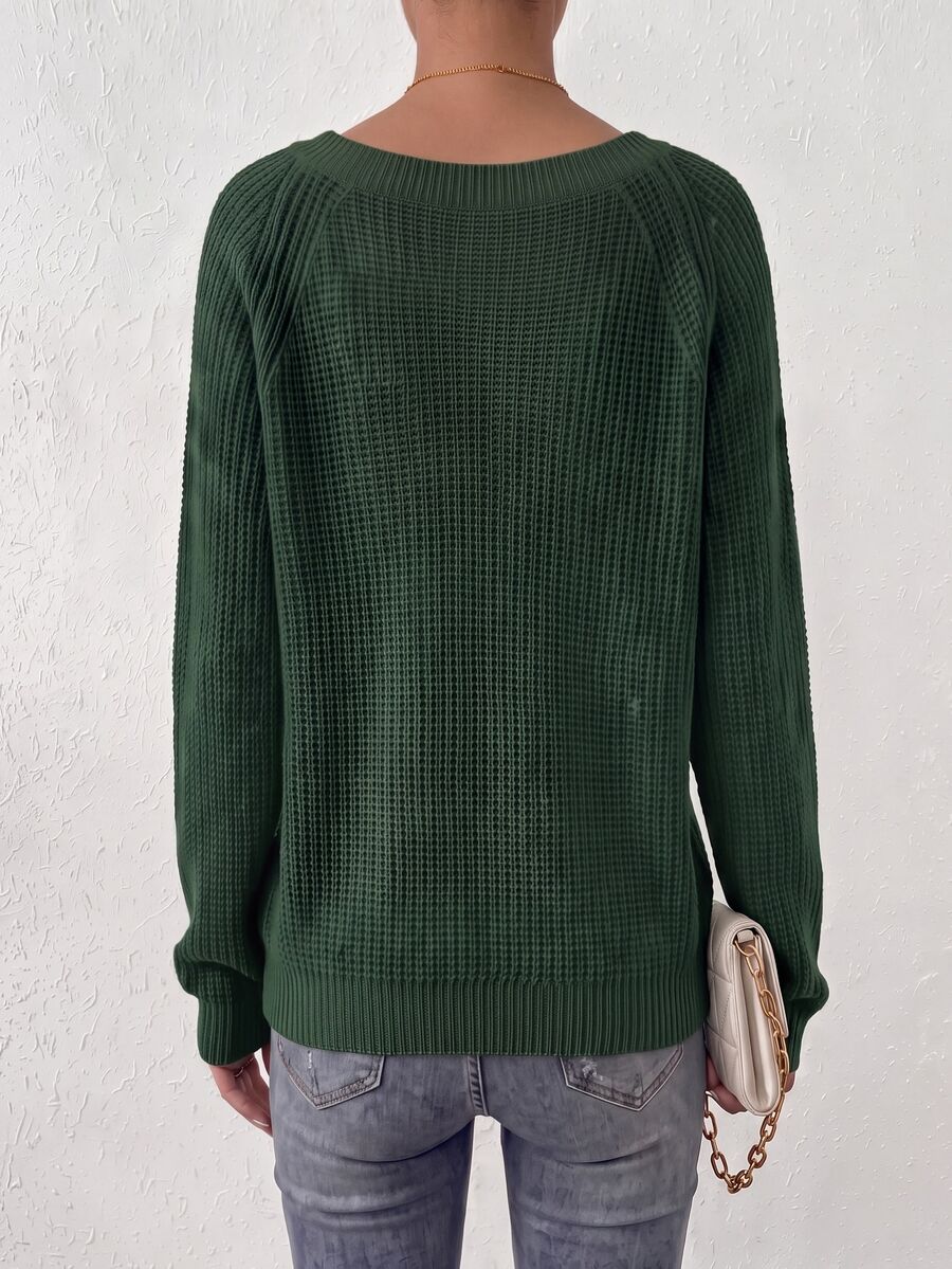 Aarhus V Neck Raglan Sleeve Ribbed Knit Sweater