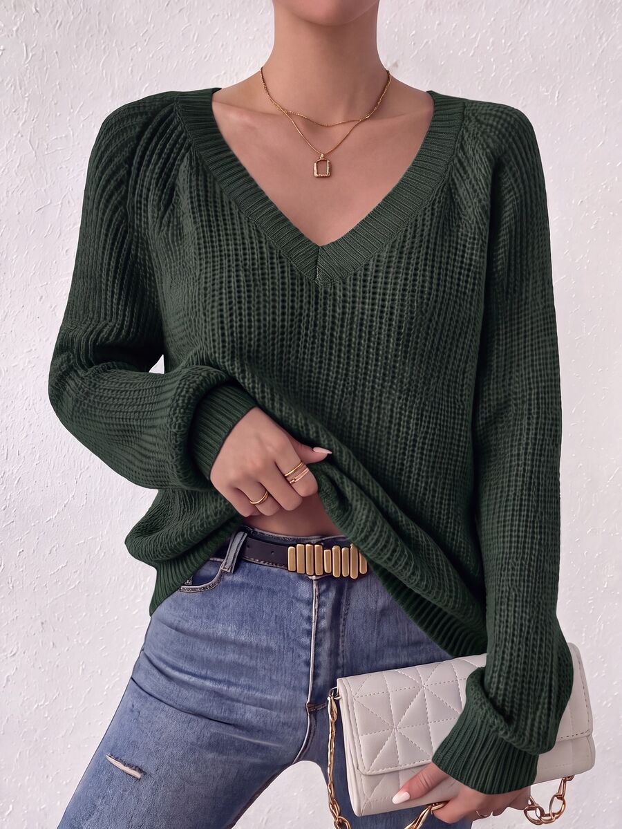 Aarhus V Neck Raglan Sleeve Ribbed Knit Sweater