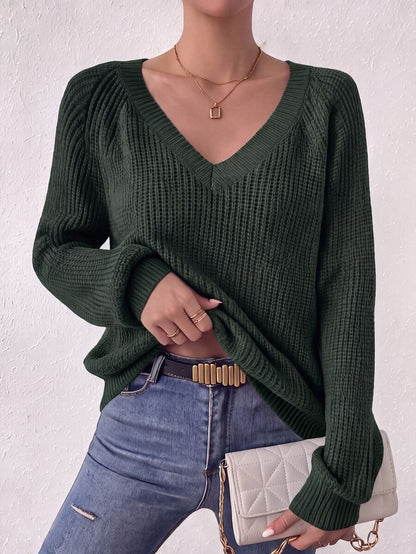 Aarhus V Neck Raglan Sleeve Ribbed Knit Sweater