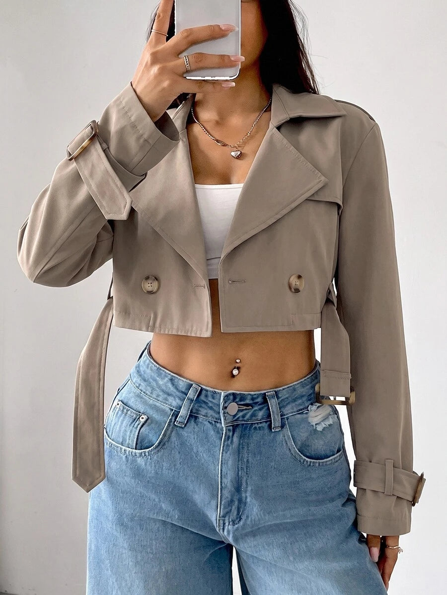 Dublin Cropped Double Breasted Trench Jacket with Belt - Khaki