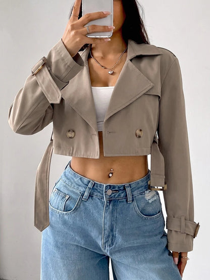 Dublin Cropped Double Breasted Trench Jacket with Belt - Khaki