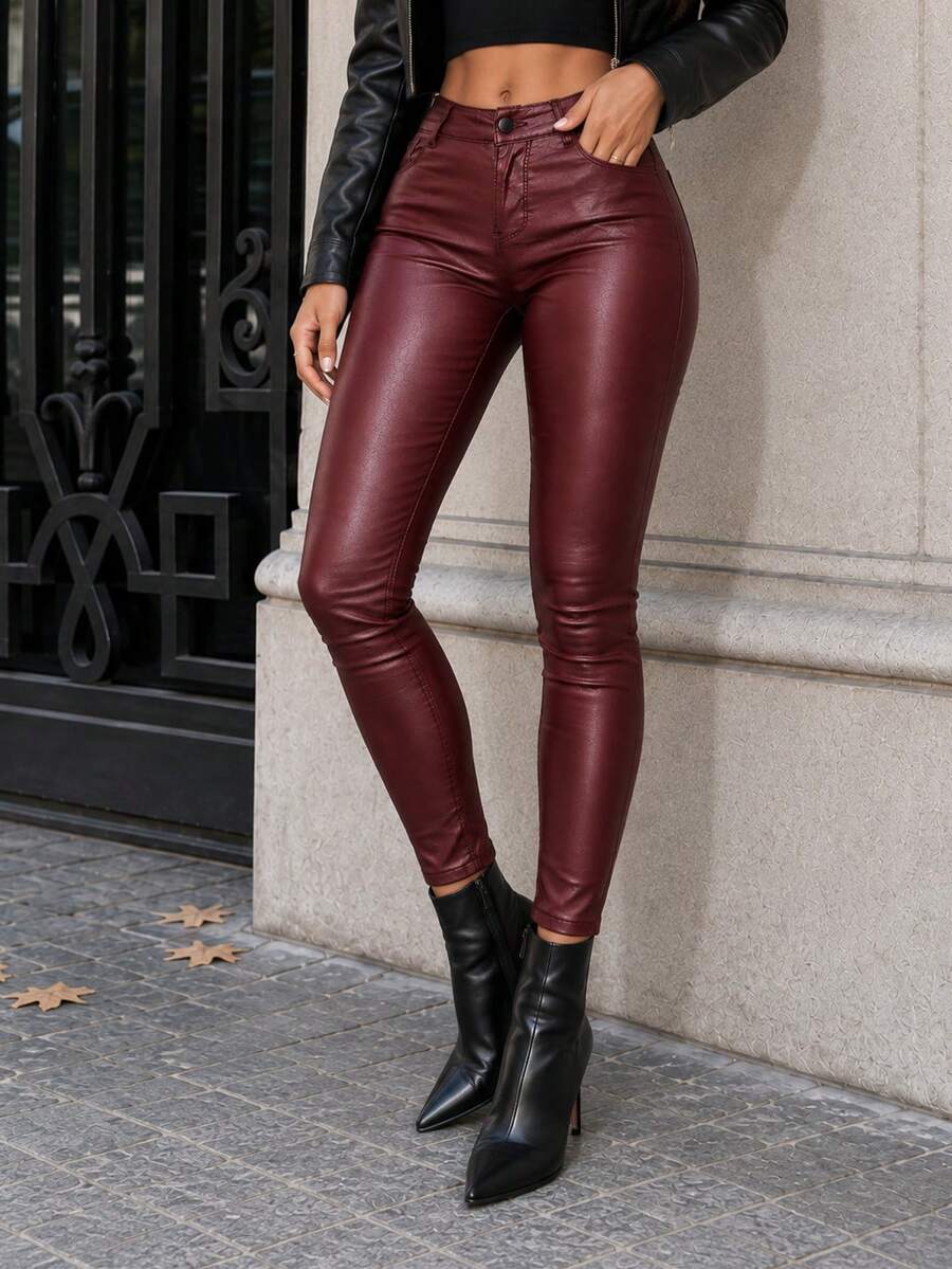 Vilnius High Waist Faux Leather Skinny Pants - Burgundy