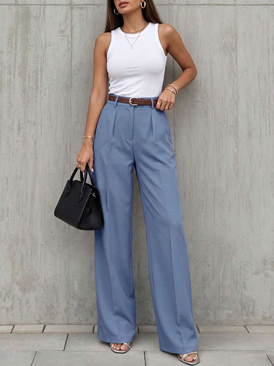 Simone High-Waist Pleated Wide-Leg Trousers with Pockets - Baby Blue