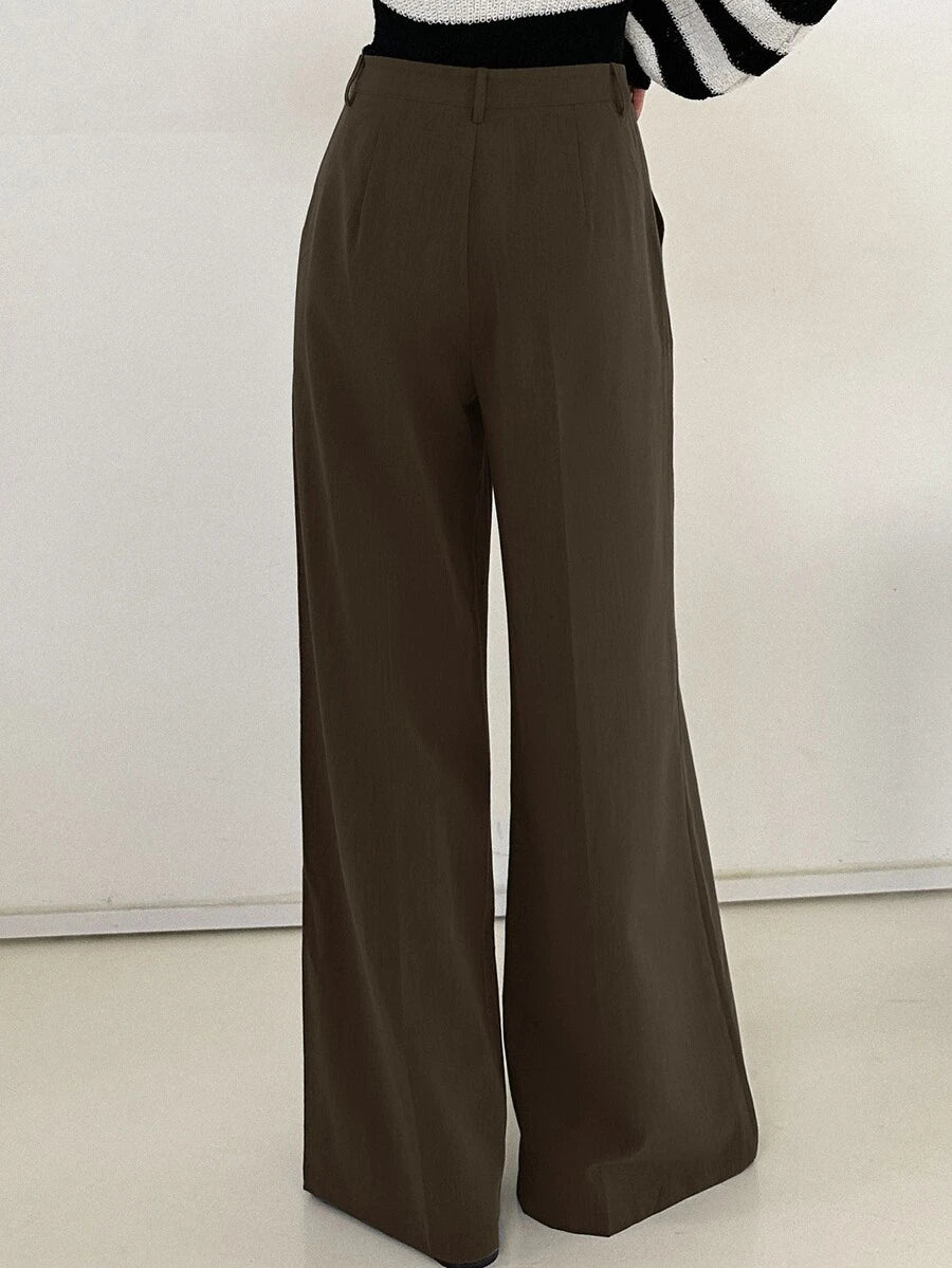 Women's Wide Leg Tailored Trousers, High Waisted Stretch Dress Pants for Work Office - Coffee Brown