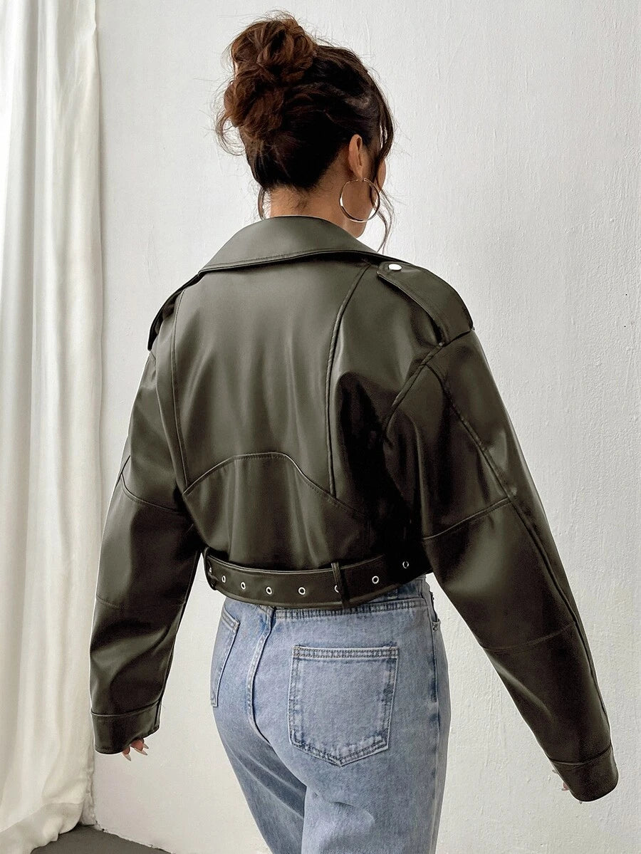 Kamloops Faux Leather Cropped Moto Jacket with Belted Hem