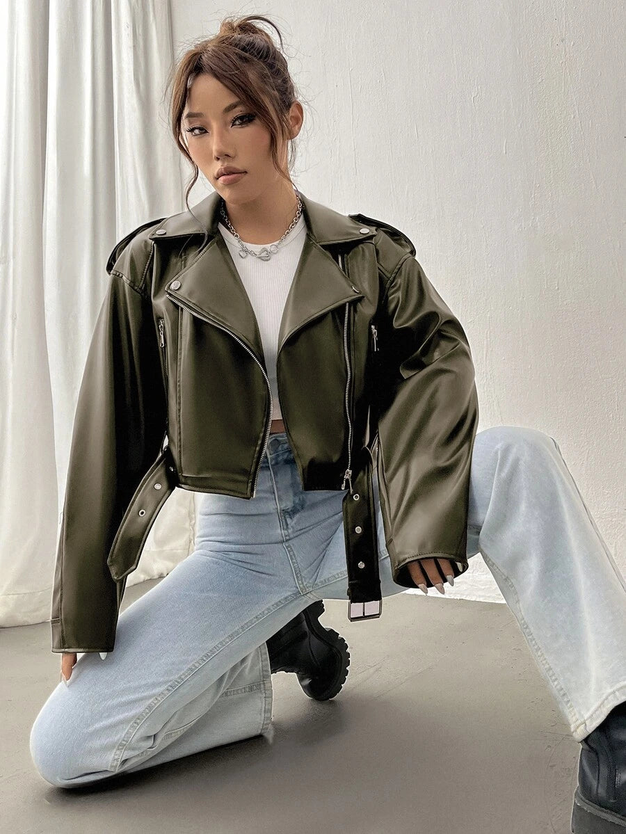 Kamloops Faux Leather Cropped Moto Jacket with Belted Hem