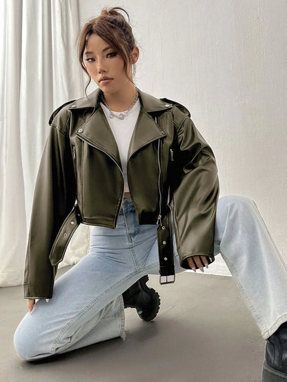 Kamloops Faux Leather Cropped Moto Jacket with Belted Hem