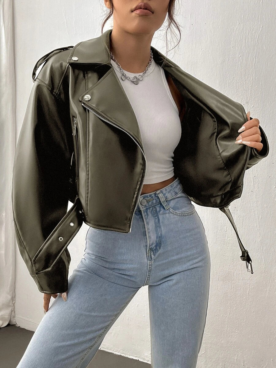 Kamloops Faux Leather Cropped Moto Jacket with Belted Hem