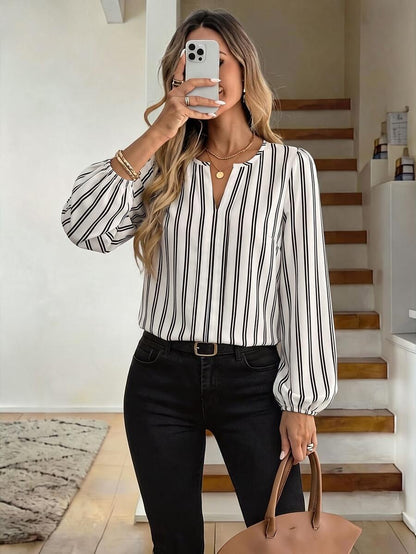 Nell Long Sleeve Blouse with Split V Neck and Lantern Sleeves - Black White Stripe