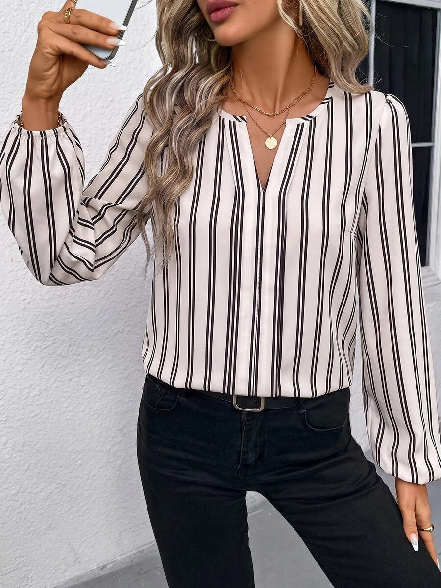 Nell Long Sleeve Blouse with Split V Neck and Lantern Sleeves - Black White Stripe
