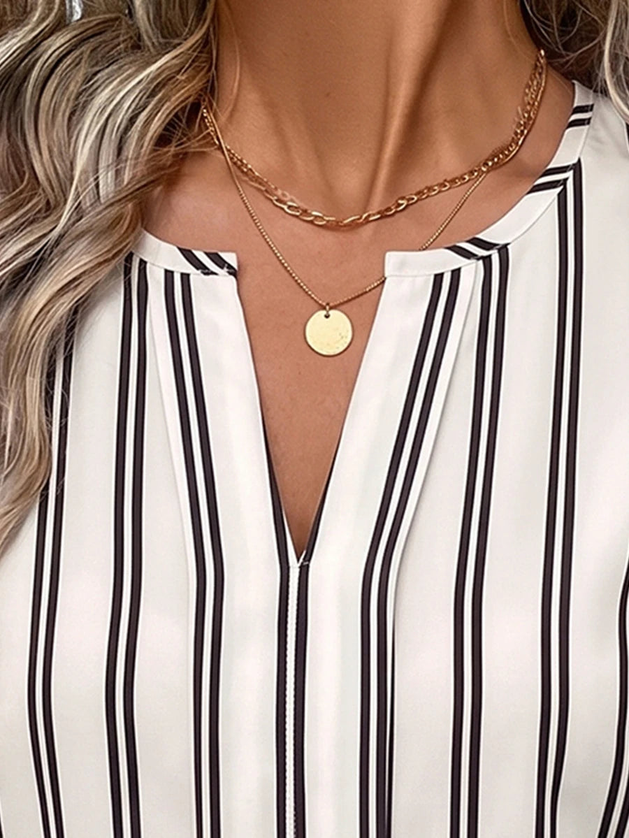 Nell Long Sleeve Blouse with Split V Neck and Lantern Sleeves - Black White Stripe