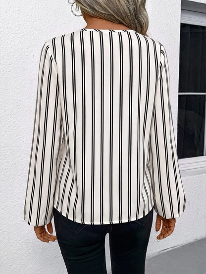 Nell Long Sleeve Blouse with Split V Neck and Lantern Sleeves - Black White Stripe