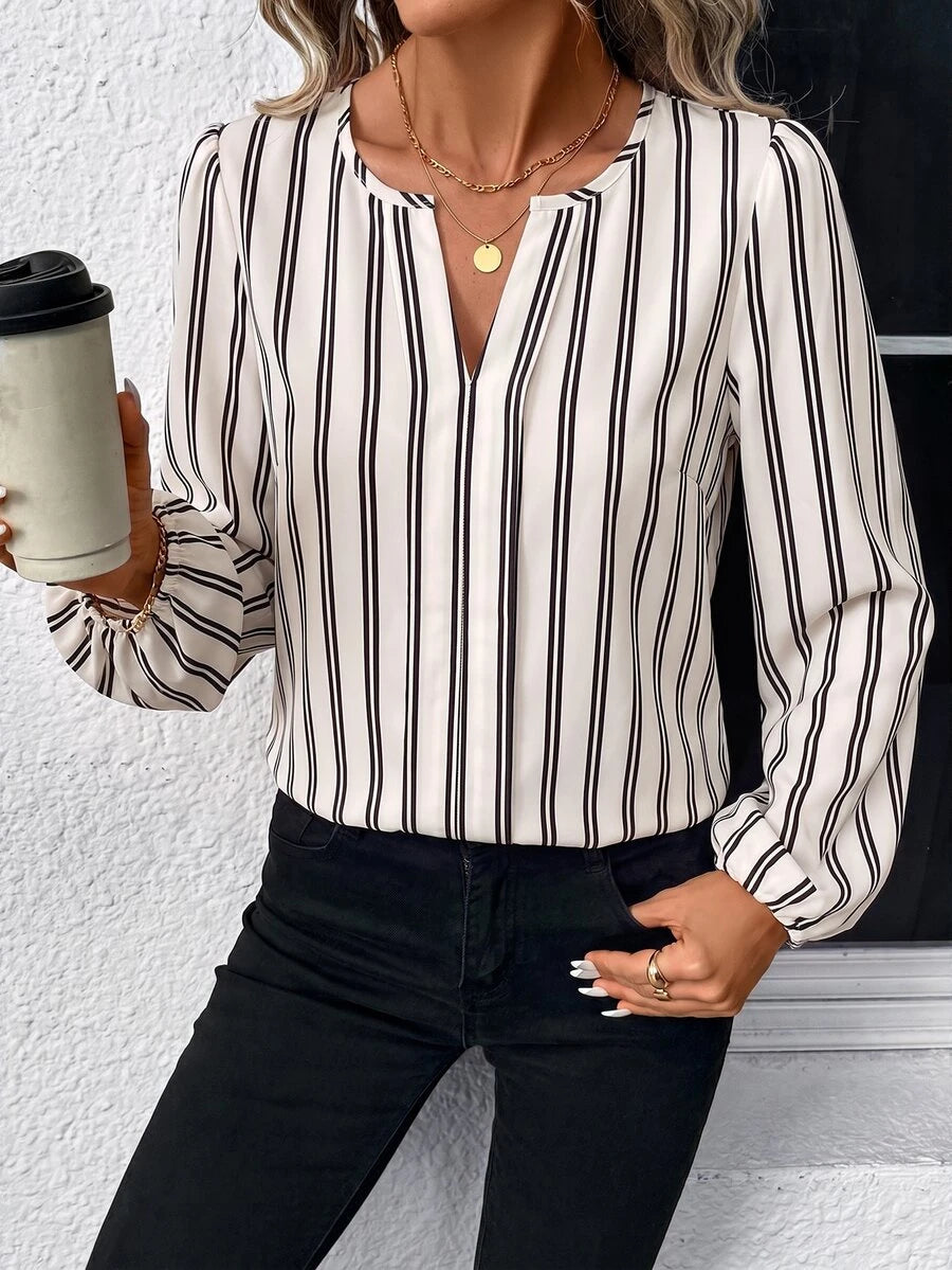 Nell Long Sleeve Blouse with Split V Neck and Lantern Sleeves - Black White Stripe