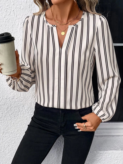 Nell Long Sleeve Blouse with Split V Neck and Lantern Sleeves - Black White Stripe