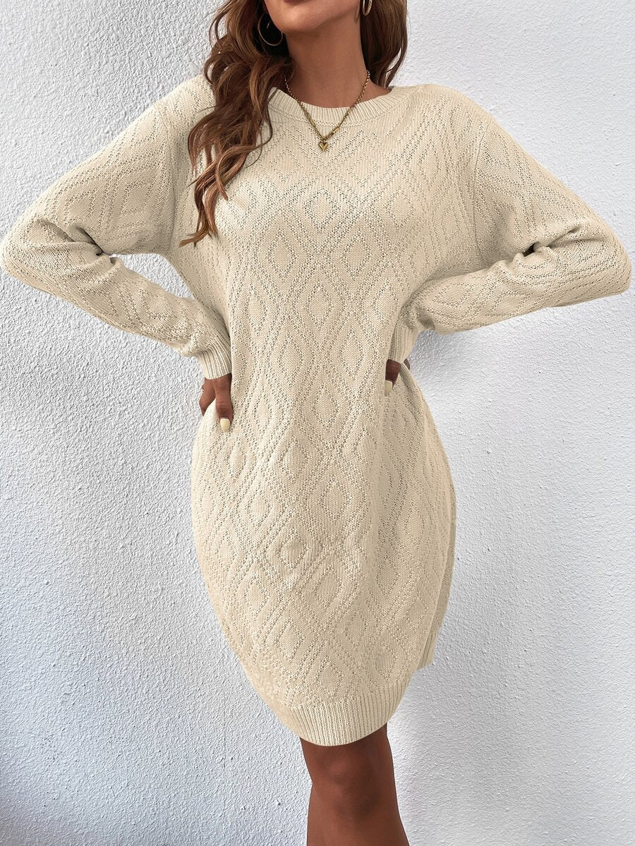 Women's Drop Shoulder Knit Sweater Dress, Relaxed Long Sleeve Dress for Fall Winter - Army Green