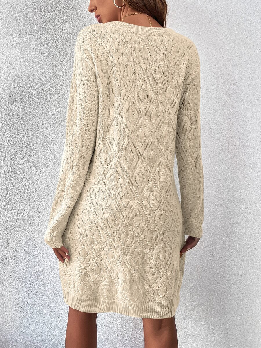 Women's Drop Shoulder Knit Sweater Dress, Relaxed Long Sleeve Dress for Fall Winter - Apricot