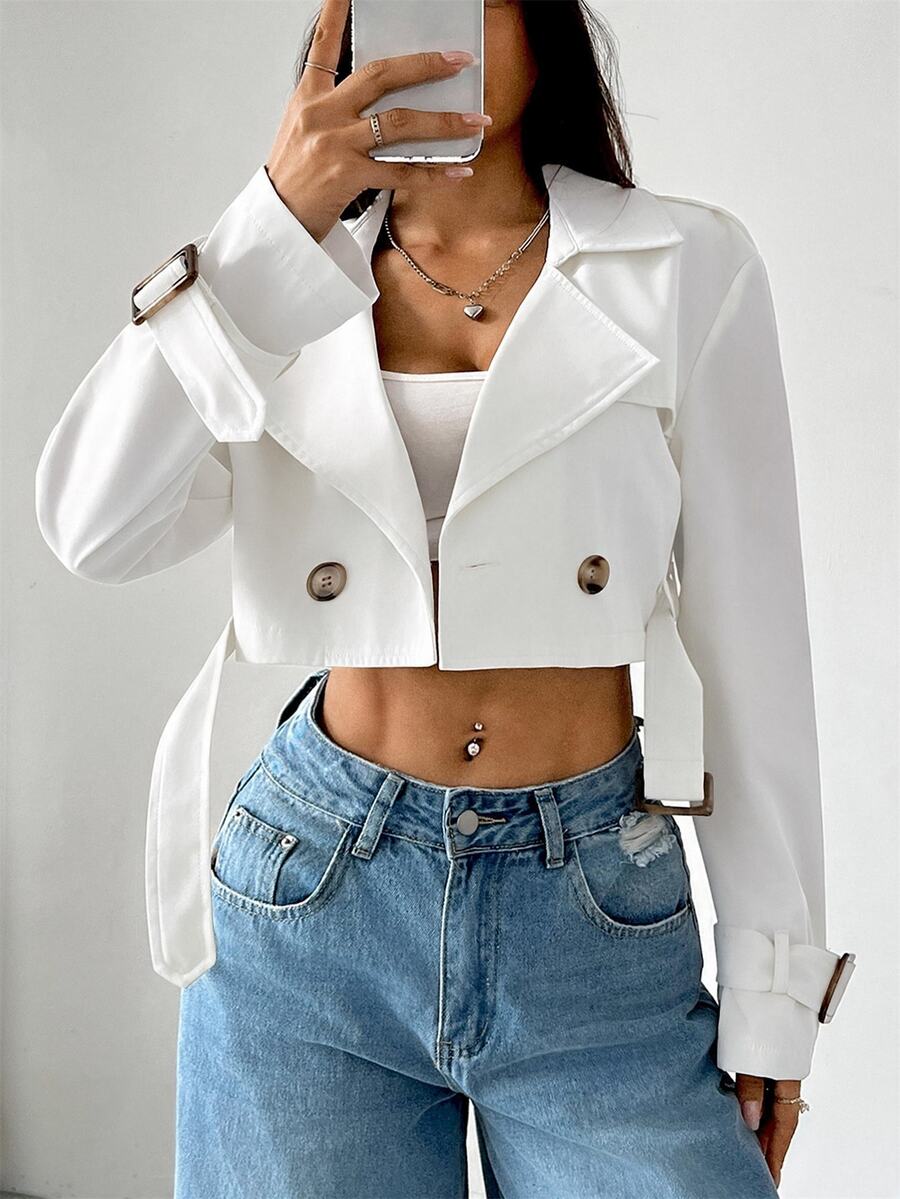 Dublin Cropped Double Breasted Trench Jacket with Belt - White