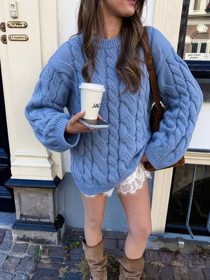 Adrienne Heavy Cable Knit Crew Neck Sweater Oversized Pullover - Powder Blue